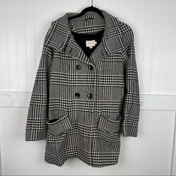 REISS Houndstooth Button Down Coat - Picture 2 of 6
